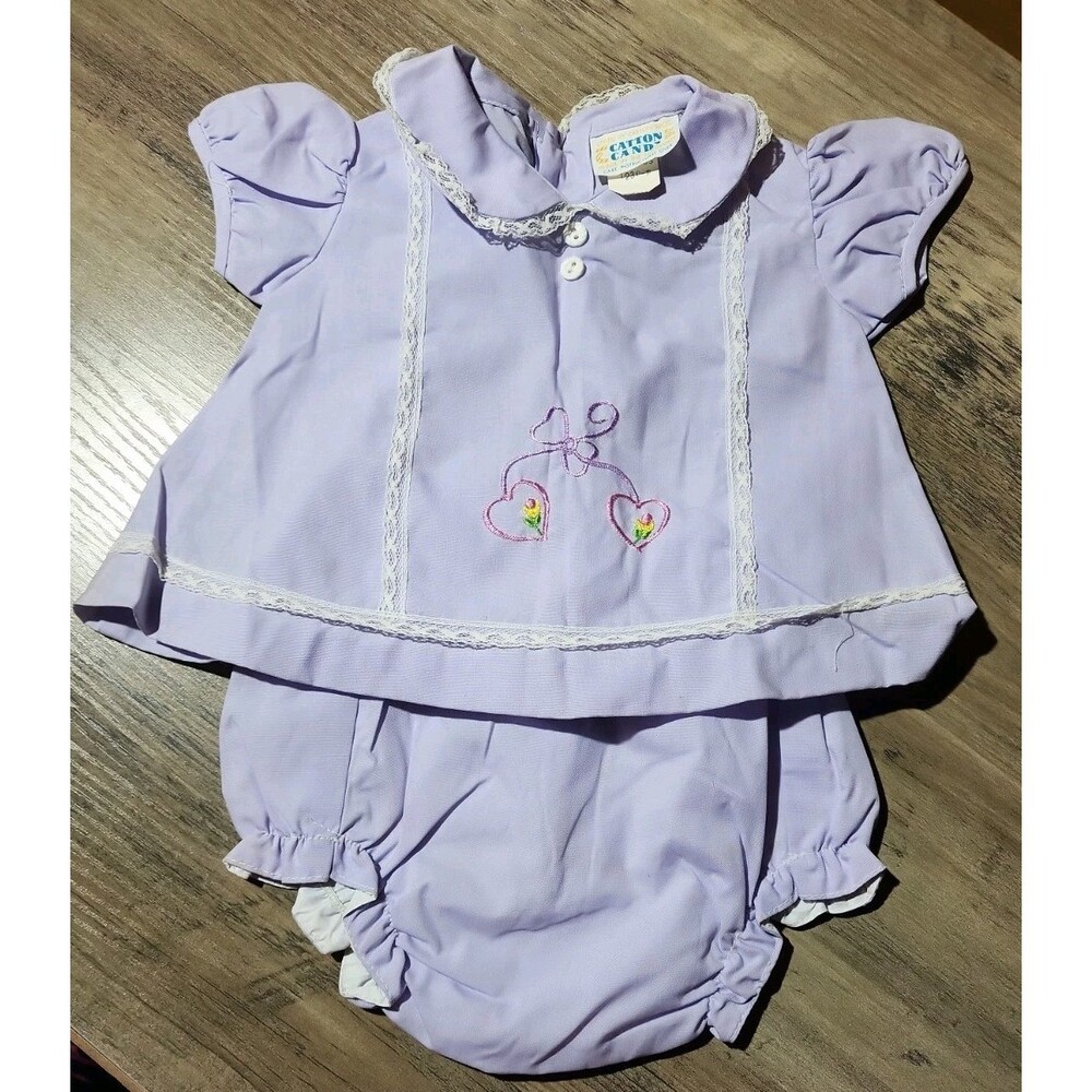 Vintage Cotton Candy Baby Dress & Bloomers Set Purple Infant Outfit 0-6 M